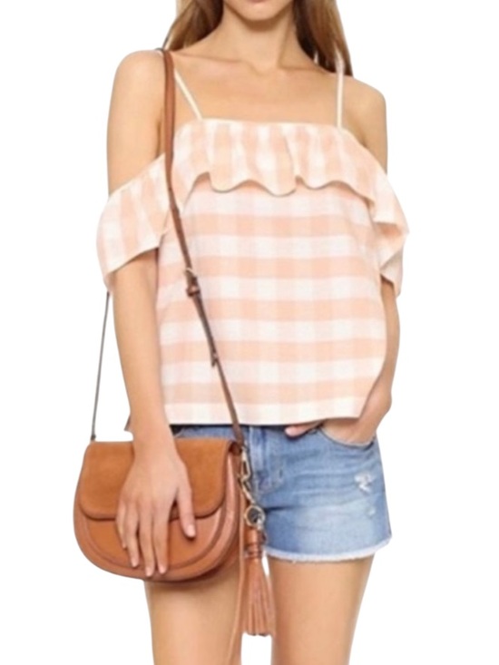 Club Monaco Tops - Club Monaco Peach and White Gingham Ruffle Off-The-Shoulder Tank Top Size Small